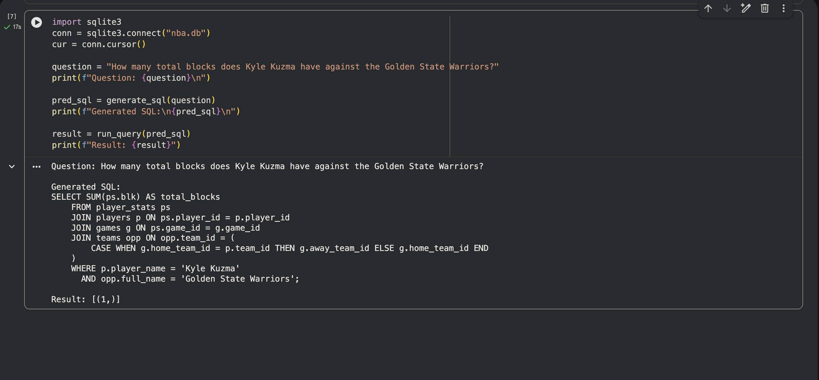 NBA text-to-SQL notebook screenshot